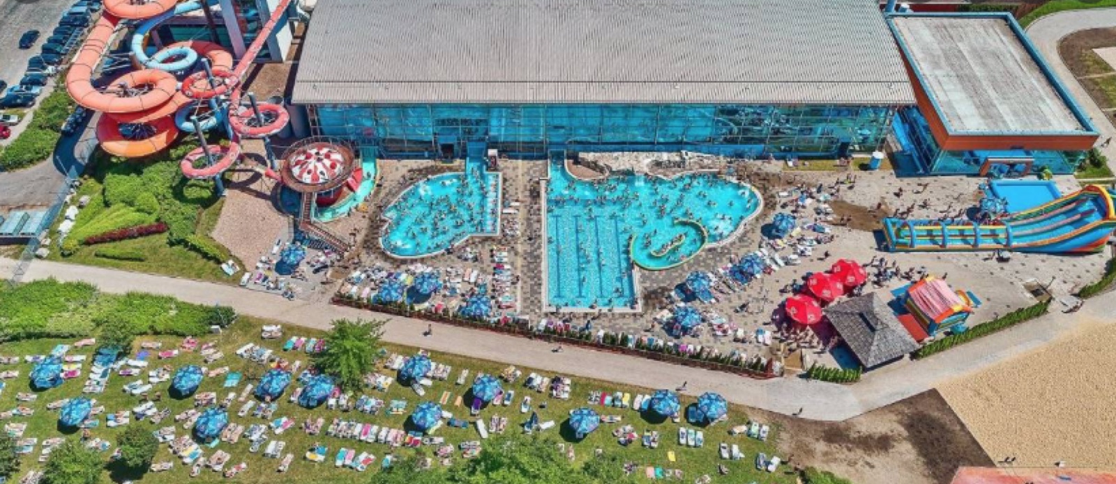 Aerial view of a large outdoor water park in Wrocław