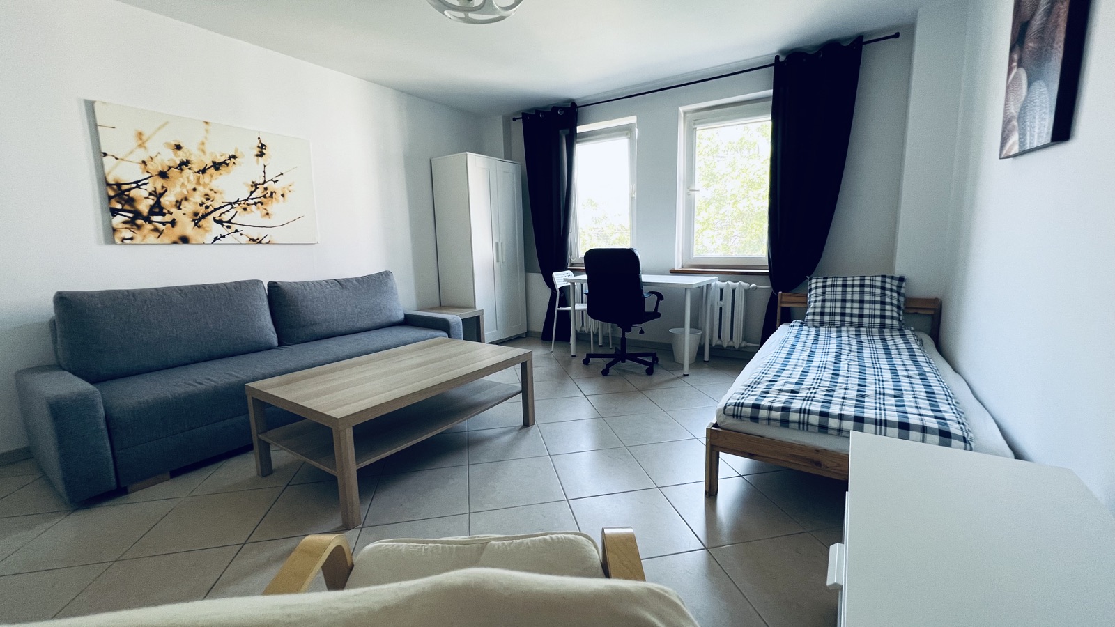 Private Student Room #1 at Wroclaw Wronskiego with bed, sofa bed and study desk