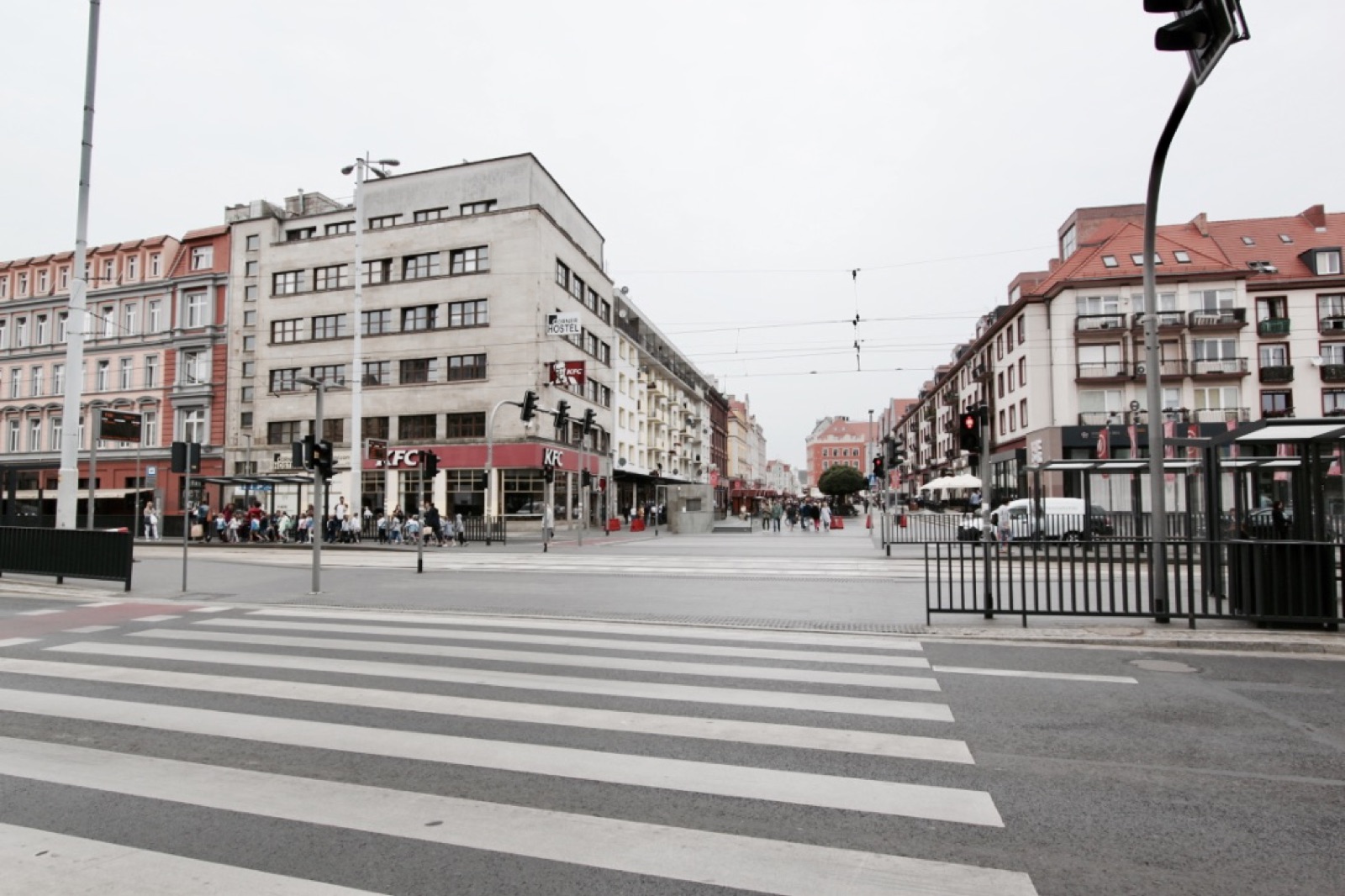 Urban street and tram tracks in central Wrocław