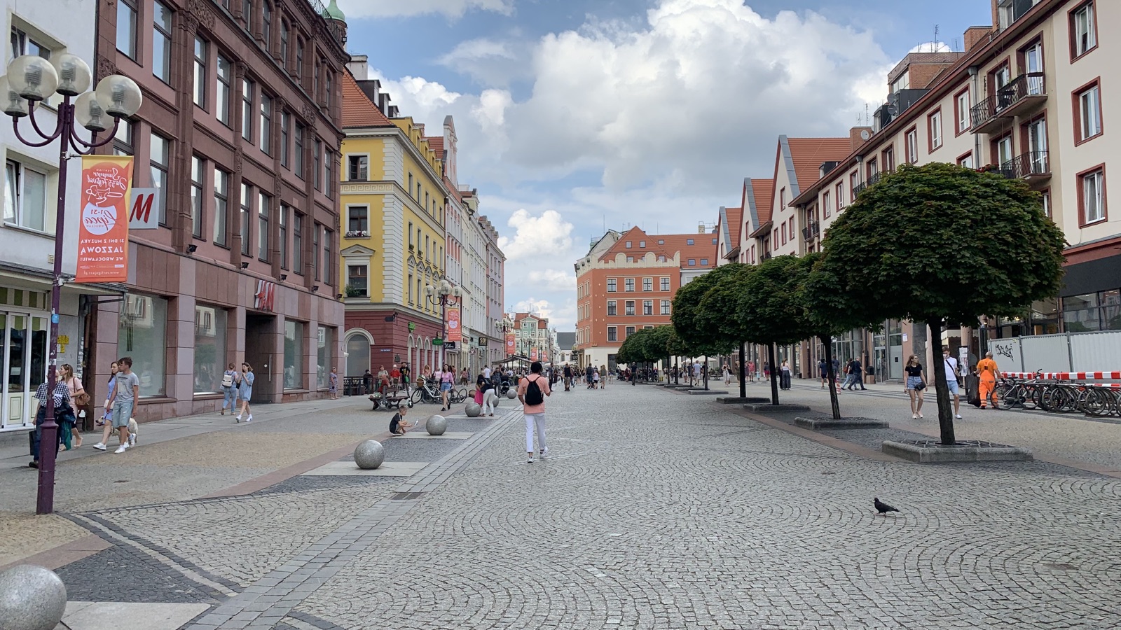 Panoramic view along a pedestrian street in central Wrocław