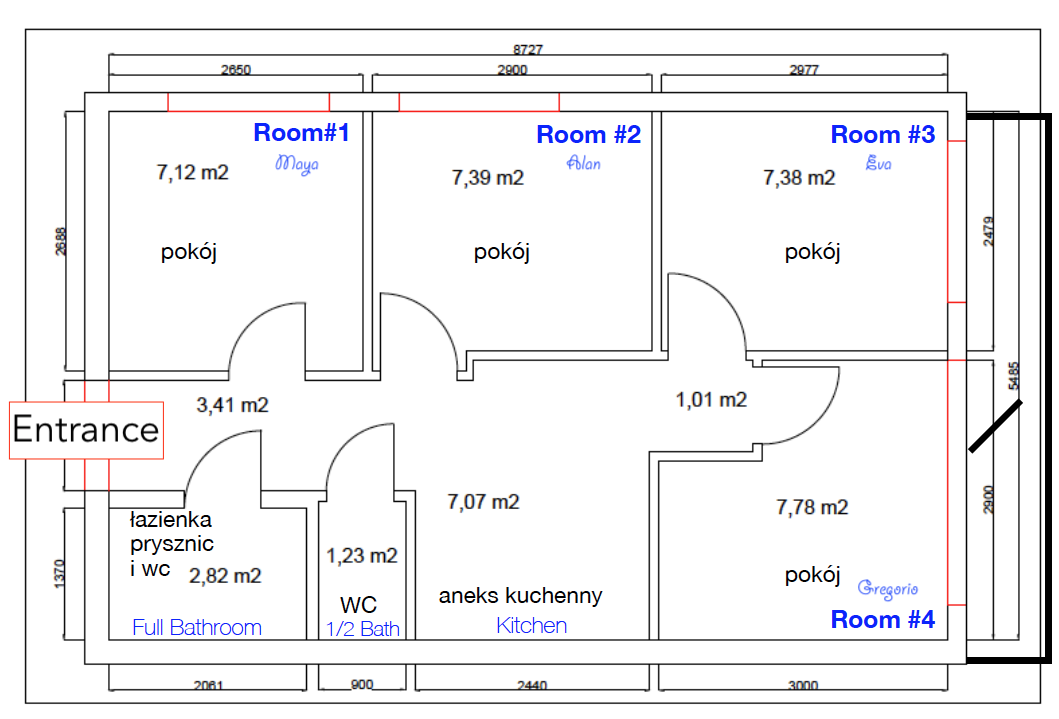 Floor plan of the four-room Widok apartment, with rooms named Maya, Alan, Ewa and Gregorio